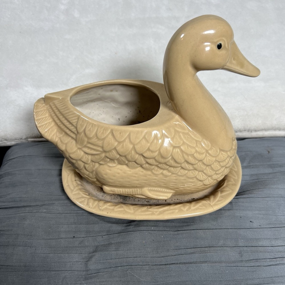 Vintage Duck Planter W/Plate CDP Natural‎ White Clay Gold MCM